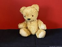 Front view of the vintage mohair teddy bear sitting upright showing facial features and articulated limbs.