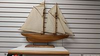 Front view of the wooden model sailboat showing the two beige sails and wooden base.