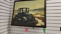 Full view of original acrylic painting on board by artist DuFoe depicting vintage truck in marshy landscape.