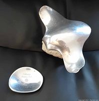 Manta ray sculpture and Colborne Rotary Club polished metal piece showing top view and inscription