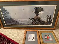 Photo of all three framed bird art pieces together showing their relative sizes, framing, and subject matter.