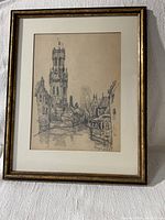 Full view of framed drawing on wall