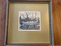 Front view of framed aquatint print showing overall piece and frame.