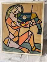 Front view of cubist-style figure playing violin