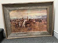 Full view of the framed Western art print by G. Harvey, showing Native American riders and buffalo in a prairie landscape, framed in rustic barn wood.