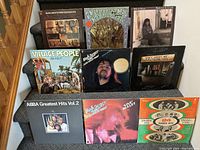 Full collection of nine record albums positioned on carpeted stairs showing front album covers.