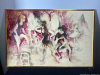 Photo of framed oil on board painting showing abstract ballet dancers in muted colors with gold frame.