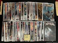 Photo shows approximately 50 comics neatly arranged and bagged, featuring a variety of characters and titles including Batman and Conan the Barbarian.