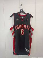 Front view of black Toronto Raptors basketball jersey with name and number 6.