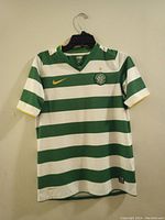 Front view of The Celtic Football Club shirt showing green and white horizontal stripes, Nike logo, and club crest on left chest.