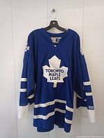 Front of blue Toronto Maple Leafs hockey jersey with large white maple leaf logo and white stripes on sleeves and hem.