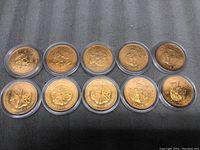 Lot of 10 gold-toned commemorative coins housed in clear protective cases, arranged in two rows.