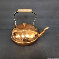 Copper kettle front angled view showing rounded copper body, spout, wooden handle and lid knob.