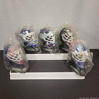 Front view photo of all 5 mini hockey goalie masks in original plastic packaging arranged on white stand, showing different team logos and colors