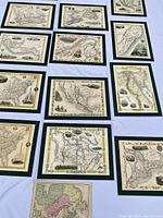 Overhead view showing 14 mounted maps and one unmounted map laid on white background