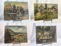 Group view of all four paintings on easel against white backdrop