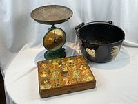 Overview of all three items: green scale, decoupage box, painted bucket