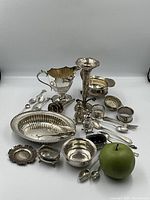Wide view of all 28 sterling silver items including serving dish, utensils, bowls, and decorative pieces with green apple for scale