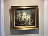 Full view of framed painting showing scene of figures under arches