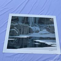 Full view of the print on backdrop, showing white border, icy cliffs, frozen pond and wolf