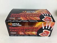 Front view of the Little Hotties hand warmers box showing the product name and heat duration.