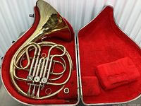 French horn seated in red plush-lined hard case with mouthpiece installed