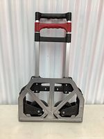 Folding 2 wheel dolly in folded position showing two-tier handle and black wheels.