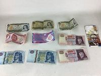 Photo showing a variety of circulated bills including Canadian one dollar, Hungarian Forint 1000 and 500 denominations, and other foreign currency notes spread flat on a white surface.