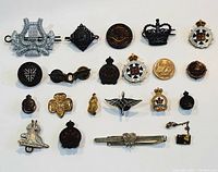 Full view of the 20 assorted military pins and badges laid out in rows on a white surface, showing various designs and materials.