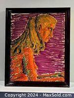 Frontal photo of the framed oil painting depicting a woman with a head covering, shown in profile against a purple background.