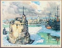 Framed antique print showing the full artwork, frame, and signature area.