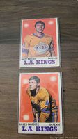 Front view of Matt Ravlich and Gilles Marotte 1970 OPC L.A. Kings hockey cards in protective sleeves.