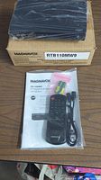 Magnavox RTB110MW9 converter box on top of its original box, remote control, batteries, power cord, and manual sealed in plastic.