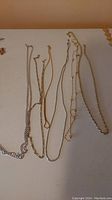 Six necklaces spread on white surface showing heavy rope chain at left and thinner chains at right