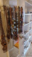 Group of necklaces hanging on mirrored door with shelving of additional necklaces and pendants in background