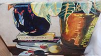 Close up of the painting featuring plant leaves, books, ceramic pot, and other still life elements.