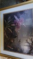 Full view of the framed hummingbird print with orchids and nest, showing overall condition and frame detail.