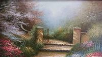 Front view of framed oil painting showing garden path, steps, gate, pillars, and floral scene.