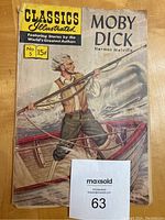 Front cover showing the illustrated artwork of a man harpooning a whale. The cover is weathered with visible creases, discoloration and tear.