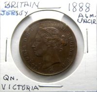 Another angle of the 1888 Jersey coin with handwritten notes indicating date and origin