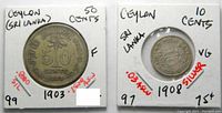 Two Ceylon silver coins in cardboard holders with handwritten notes: 50 cents (1903) and 10 cents (1908)