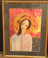 Oil painting with stylized female portrait in white blouse and large yellow hat on textured red and gold background, framed in gold frame.