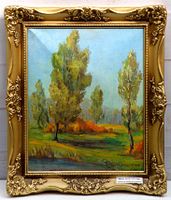Framed oil painting showing the full landscape scene with trees and fields under blue sky.