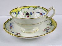 Oblique side view of the teacup resting on the saucer showing detailed bird and floral motifs with yellow and gold rim accents.