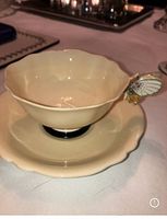 Teacup perched on matching saucer showing scalloped rims, color and butterfly handle