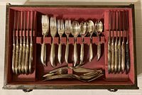 Photo of a velvet-lined flatware storage chest showing multiple types of forks and spoons laid out in organized rows, including dinner forks, butter spreaders, dessert forks, soup spoons, tea spoons, and several serving pieces.