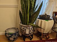 Three large planters displayed inside; two have blue Asian floral designs and one is white with geometric pattern. Snake plant in one planter. Wooden stands supporting two planters.