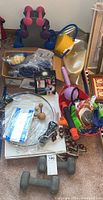 Overview of the lot including dumbbells, resistance bands, knee brace box, back massager, Pilates circle, and other items on carpet floor.