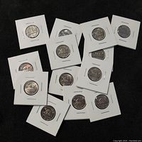 Lot of 14 Canadian 5 cents coins displayed in individual white cardboard holders with clear windows, showing the obverse and reverse designs including the beaver and dates