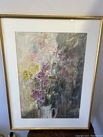 Full front view of framed watercolour showing floral composition and gold frame